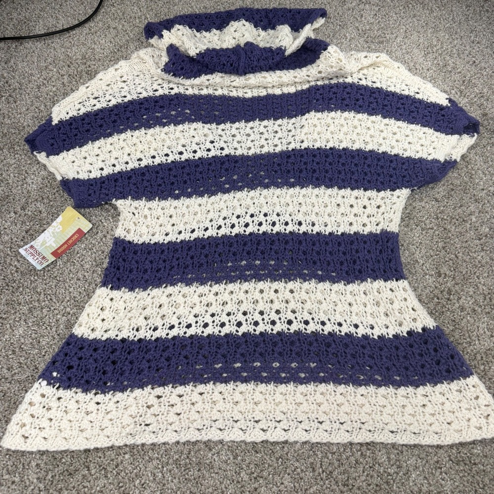 Mossimo XXL Striped Crochet Hooded Beach Cover Up Pullover Blue Cream NEW - Picture 9 of 9
